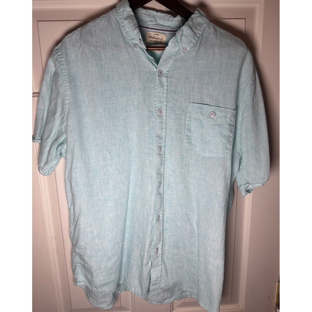 WEATHERPROOF Vintage Mens Blue Linen Blend Short Sleeve Button Down‎ Shirt XL